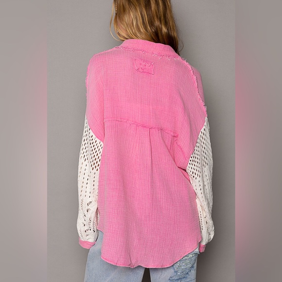 - POL gauze with crochet sleeves button down top- pink & cream:S,M,L - Picture 3 of 4